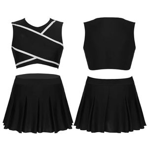 Haut court rose sans manches pour pom-pom girl avec rayures blanches et jupe plissée assortie pour femmes adultes - Product Image 2