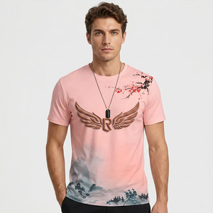 Camiseta de manga corta con cuello redondo para hombre, con estampado de flores de cerezo y paisaje pintado a mano, corte regular, estilo casual, 100% algodón - Product Image 3