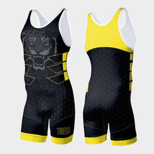 ชุดรัดกล้ามเนื้อสำหรับนักมวยปล้ำ แบบไม่มีแขน พิมพ์ลายแบบ Sublimation ผ้าโพลีเอสเตอร์ ทรงเข้ารูป สำหรับผู้ชาย สีเหลืองดำ พิมพ์ลายตัวอักษร - Product Image 1