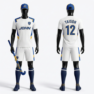 Uniforme de Hockey sobre Césped para Hombre, Transpirable, de Poliéster Interlock, Diseño con Paneles Blancos y Azules, Logotipo Bordado Personalizado - Product Image 1