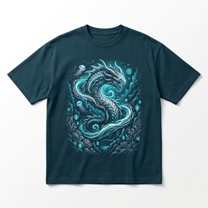 เสื้อยืดลายงูทะเลลึก |   เสื้อยืดผ้าฝ้ายหนา 240 GSM สีโอเชียนสเลทบลู พร้อมลายมังกรเรืองแสงใต้น้ำ - Product Image 1