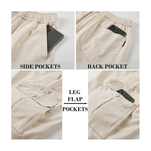 Shorts cargo pour homme, couleur unie, taille mi-haute, cordon de serrage, style bermuda, pantalon décontracté, poches, matière polyester, design respirant - Product Image 3