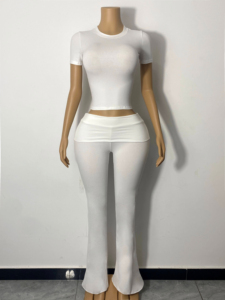 New Women Stretchy 2 Piece Short Sleeve Top and <b>Pull</b> on Pants Set with Adjustable Waist Solid Color for Summer Custom Logo - Product Image 5