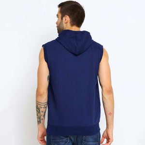 Sudadera con Capucha sin Mangas para Hombre, Color Sólido, Algodón, Estilo Casual con Bolsillo, Corte Regular, Azul Marino - Product Image 6
