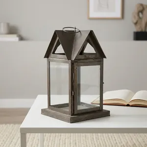 Lanterne en fer artisanale avec panneaux en verre et design en forme de maison, modèle L226, pour la décoration de la maison - Product Image 3