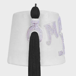 Chapeau Fez Impérial Blanc Personnalisé avec Strass Brodés à la Main 100% Laine, Casquette Décontractée d'Extérieur Style Shriner avec Pompon - HSE - Product Image 3