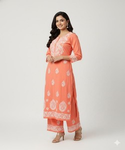 ชุดคุร์ตีปักลายผ้าฝ้ายสุดฮิต พร้อมกางเกงปาลาซโซ สวมใส่สบาย ราคาขายส่ง เสื้อผ้าชาติพันธุ์ สีส้ม - Product Image 3