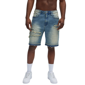 Shorts en jean bleu clair respirant pour homme, coupe ample, longueur genou, en coton, décontracté, style streetwear, détails déchirés, ourlet brut, été - Product Image 1