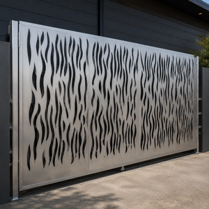 Puerta metálica plateada cortada con láser, con patrón ondulado, pantalla de privacidad de acero inoxidable, puerta corredera para uso exterior en villas, panel de alta resistencia. - Product Image 2