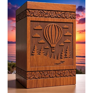 Handcrafted Wooden Cremation Urn: Hot Air Balloon & Floral Carving, Personalized Memorial urn Memorial Keepsake by AYAANS - Product Image 1
