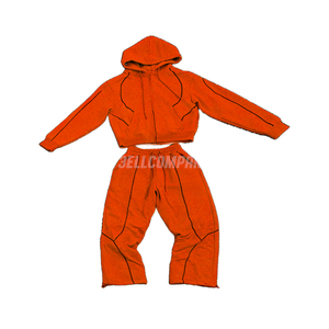 Unisex Orange Sweatsuit Set Full <b>Zip</b> <b>Hooded</b> Sweatshirt and Jogger Pants Casual Streetwear Sweatsuit - Product Image 1