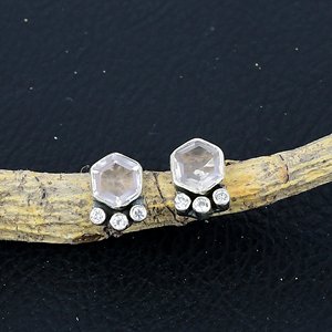 Boucles d'oreilles faites à la main, bijoux pierre de naissance de janvier, quartz rose, hexagonales, en argent sterling 925, cadeau pour elle, sertissage clos - Product Image 3
