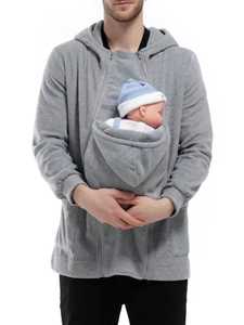 Sweat-shirt à capuche zippé pour homme, coupe classique, gris, avec poche porte-bébé, en polaire, décontracté, pour l'hiver, 100% coton, pull-over. - Product Image 5