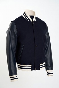Custom Chenille Patch Embroidered Varsity <b>Jacket</b> Dark Green Wool with Real <b>Leather</b> Sleeves <b>Retro</b> Striped Cuffs Collar Hem Unisex - Product Image 6