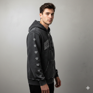 Wholesale Popular Design Newly Arrived <b>Black</b> Zipper Hoodie Rhinestone Zip up Jacket Acid Wash Men <b>Fleece</b> Streetwear Hoodie - Product Image 4
