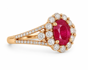 Anillo de lujo con halo de gema roja ovalada y detalles de diamantes redondos y tallo dividido para mujer en oro de 10K, 14K, 18K y plata 925, 935 - Product Image 3