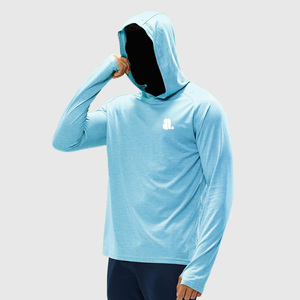 Camiseta con Capucha de Manga Larga Azul Claro para Hombre, Color Sólido, Deportiva, Tejida, de Secado Rápido, Corte Ajustado, 100% Algodón, Talla Grande - Product Image 3