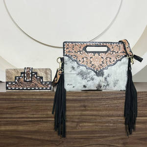 2026 Premium Large-Capacity Hand Tooled Cowhide Leather Zipper Crossbody Fringe <b>Handbags</b> with Bifold Wallet Clutch Two-Piece Set - Product Image 3