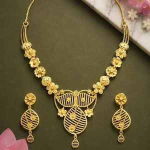 สร้อยคอทองชุบไมครอน 14K18K24K ขายส่ง สร้อยคอแฟชั่น ดีไซน์ลายดอกไม้แบบดั้งเดิม พร้อมต่างหูแบบห้อยเข้าชุด - Product Image 2
