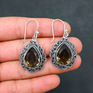 Customised Smokey Quartz LAB-CREATED 925 Sterling Silver <b>Earrings</b> 1.9" Handmade Gemstone Jewelry Antique <b>Fine</b> <b>Earring</b> Gift for W - Product Image 2