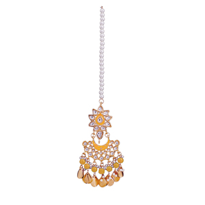 Tikka Kundan étnica chapada en oro con perla de esmalte azul, joyería hecha a mano para la frente, para mujeres, para bodas - Product Image 1