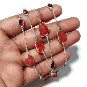 Collier Statement Bohème en Corail Rouge Naturel et Grenat, Perles en Argent Sterling 925, Pierre Brute Faite à la Main, Longue Chaîne, Bijoux Certifiés - Product Image 2