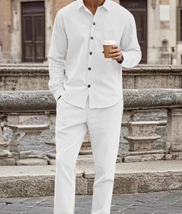 Men's Striped Cotton Shirt And <b>Pants</b> Set Turn-<b>down</b> Collar Casual Long Sleeve Spring Woven Fabric - Product Image 6