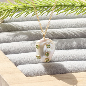 Handmade Freshwater Pearl Pendant <b>Necklace</b> With Green CZ Accent Handmade Gold Plated Baroque Pearl Jewelry Gift for Women - Product Image 5