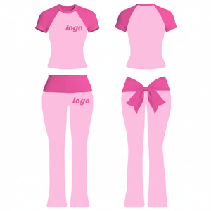 Women <b>Raglan</b> Short Sleeve Lounge Set O Neck Contrast Color <b>Top</b> and High Waist Pants Custom Logo Summer Casual Wear - Product Image 3