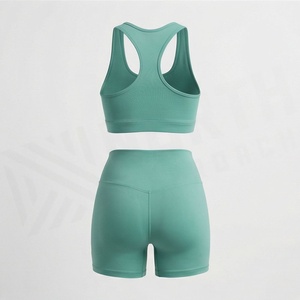 Conjunto Deportivo de 2 Piezas para Mujer, Verde Sólido, Bra Deportivo Tejido y Pantalones Cortos por Encima de la Rodilla, Transpirable, Spandex, Nailon, Ropa Deportiva - Product Image 2