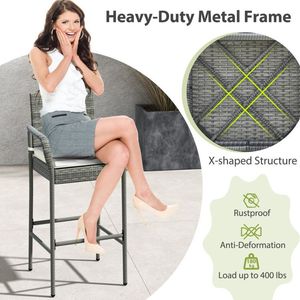 Set di 4 sedie da bar in rattan PE per tutte le stagioni con braccioli e cuscini per portico e giardino - Product Image 5