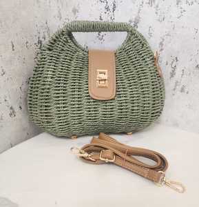 Green Woven <b>Straw</b> Tote <b>Bag</b> PU Leather Closure Detachable Strap Shoulder Handbag for Beach Travel Daily Use - Product Image 3