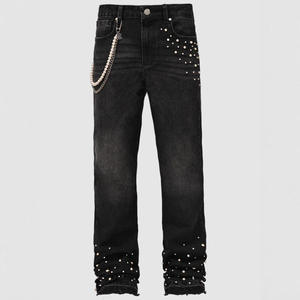 Jean en denim coupe droite pour homme, délavage moyen, coton, décoration rivets, style punk, collection automne - Product Image 2