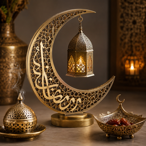 Escultura de Linterna Metálica Noor Crescent, Adorno Decorativo Árabe para el Hogar - Product Image 1