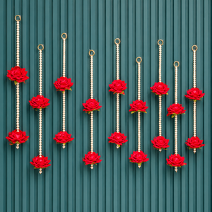 Guirnalda Colgante de Rosas Rojas y Perlas, Decoración de Pared con Flores Artificiales, Toran para Puerta, Decoración para Bodas, Hogar, Mandir y Fiestas - Product Image 4