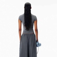 Kaos Crop Wanita Abu-abu Lengan Pendek Kerah Bulat Model Slim Fit Rajutan Katun Spandex Pakaian Kasual Musim Semi Musim Panas