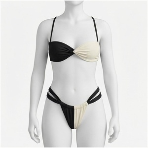 Ensemble de bikini color block pour femme, haut bandeau et bas string, avec bordure contrastante, maillot de bain extensible - Product Image 1