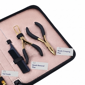 Kit d'outils professionnels en acier inoxydable pour extensions de cheveux à micro-anneaux : Pince à sertir et à démonter, Peigne à queue, Aiguilles, Pinces, Doigtier de séparation - Product Image 4