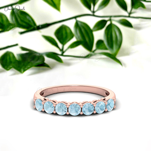 Productos de moda para vender: Anillo de media eternidad con aguamarina de corte redondo de 3 mm en oro rosa fino de 14k, joyería apilable para boda y compromiso. - Product Image 1