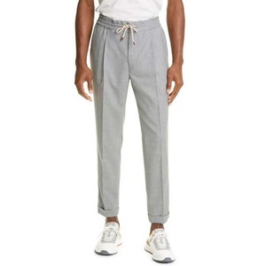 Pantalon décontracté léger pour homme, gris clair, taille élastique avec cordon de serrage, plissé, coupe droite, avec revers - Product Image 1