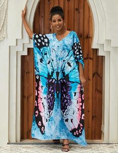 V Neck Maxi <b>Abaya</b> Dress Butterfly Pattern Loose Fit Short Sleeve Flared Hem Polyester Women's Beach Summer Bohemia Style Daily - Product Image 6