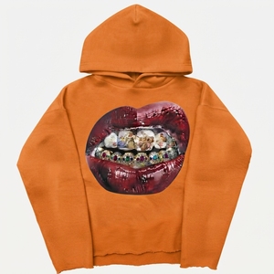 Sweat à capuche blanc coupe classique avec imprimé artistique des lèvres sur le devant, imprimé numérique, unisexe, décontracté, tricoté, 100 % coton, pour l'hiver - Product Image 2