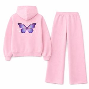 Ensemble de survêtement imprimé papillon pour filles, sweat à capuche zippé, pantalon de jogging en polaire, vêtements décontractés d'hiver - Product Image 2