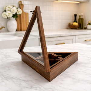 Handmade Triangular Wooden <b>Spice</b> <b>Box</b> | Indian Rosewood Masala Dabba | Kitchen Storage Organizer with Lid Spoon Traditional - Product Image 1