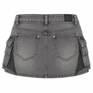 Gothic Armor Denim <b>Skirt</b> for Women, <b>Silver</b> Grey Low Rise Cargo <b>Mini</b> <b>Skirt</b> with Rhinestones, Streetwear Utility Style - Product Image 2