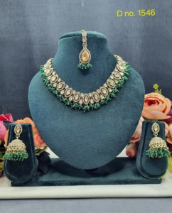 Marquise Cut Stone Studded Antique <b>Gold</b> Plated Necklace <b>Set</b> With Jhumka Earrings And Mang Tika Fashion Jewelry <b>Sets</b> Manufacturer - Product Image 3