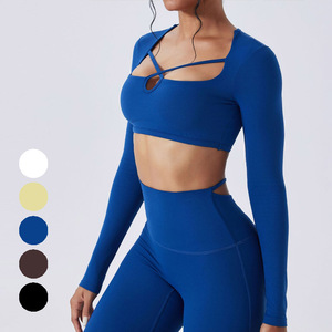 Nouveau design, haut de yoga sexy à manches longues, respirant, séchage rapide, avec logo frontal, pour la course, le sport, la gym, le fitness, col carré, pour femmes - Product Image 2