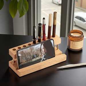 Wooden Handmade Minimalist <b>Pen</b> Holder Desk <b>Organizer</b> Rectangle Carved Floral Design Single Tier Storage Rack for Office Use - Product Image 1