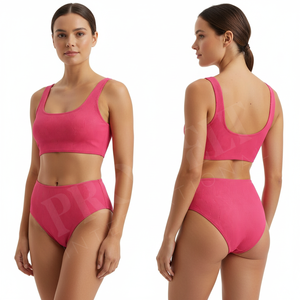 Conjunto de Bikini de Cintura Alta con Logotipo Personalizado, Color Liso, para Mujer, Traje de Baño Texturizado de Dos Piezas, Ropa de Playa, Top y Braguita - Product Image 3