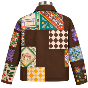 Veste de travail marron chocolat à motifs floraux multicolores, patchwork, boutonnée sur le devant, style streetwear décontracté avec poches utilitaires - Product Image 2
